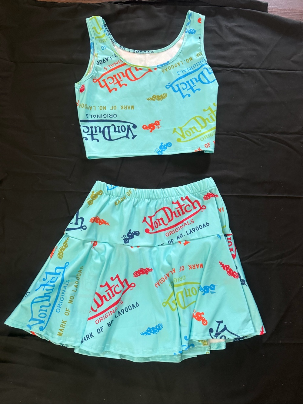 Von Dutch Aqua Logo Crop Top & Skater Skirt Set